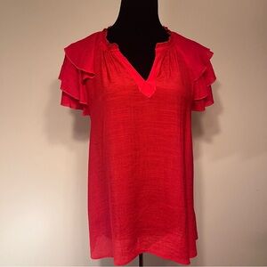 Nanette Lepore Red Flutter Sleeve Blouse with Ruffled Short Sleeves